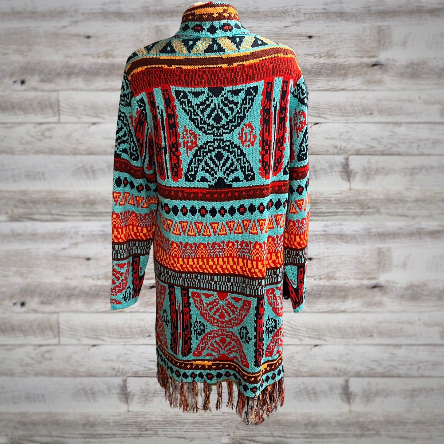 Southwestern Print Long Blanket Cardigan In Turquoise