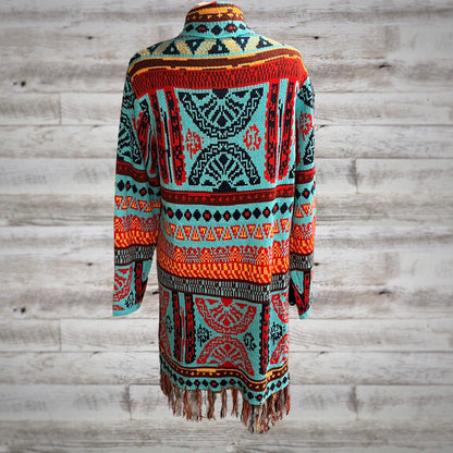 Southwestern Print Long Blanket Cardigan In Turquoise