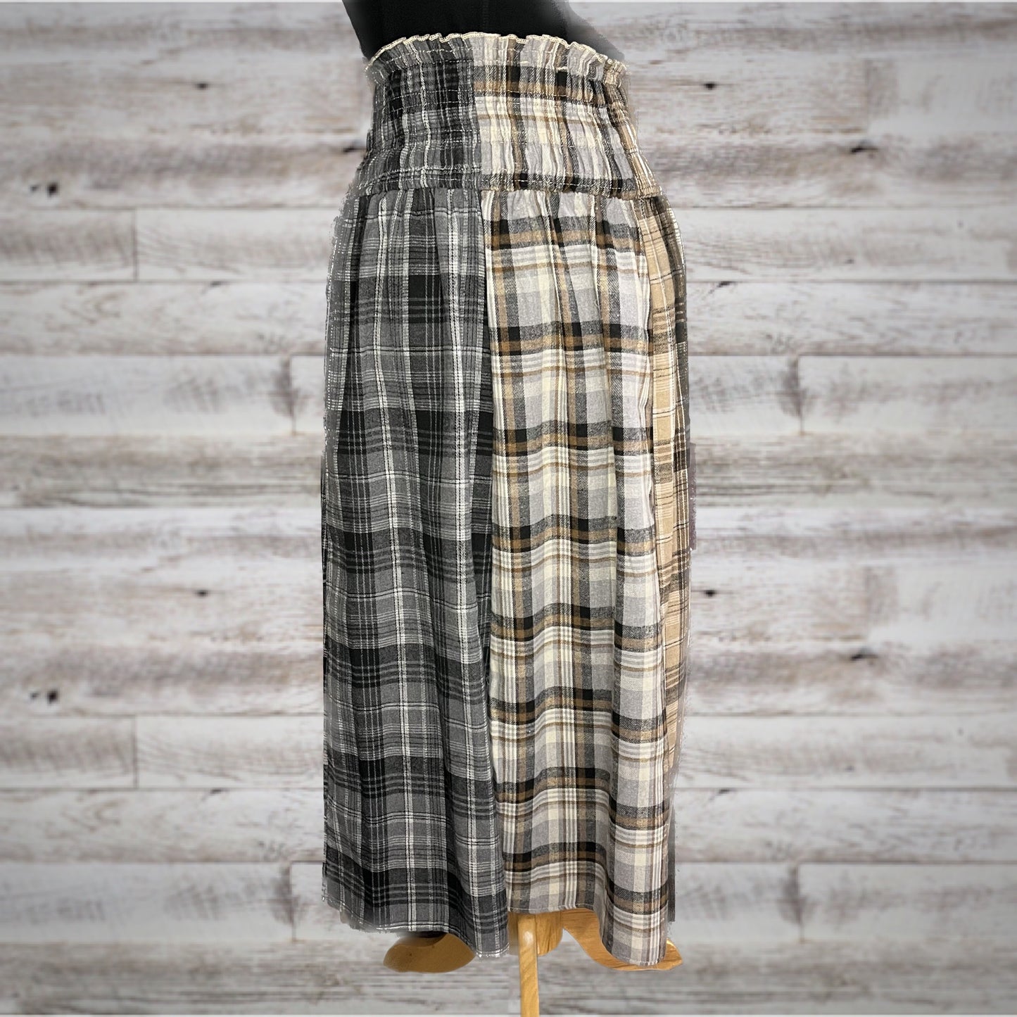 On Trend Split Plaid Flannel Maxi Skirt in Taupe