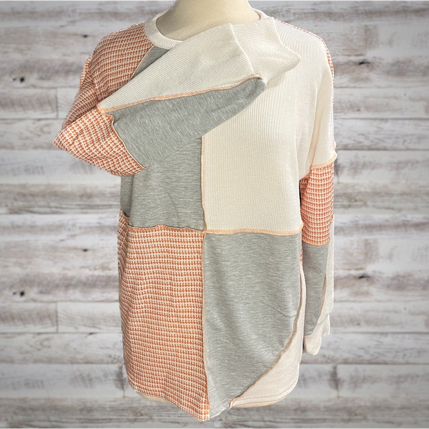 Colorblock Orange & Gray Waffle Knit Pullover