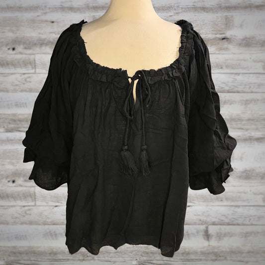 Cotton Gauze Puff Sleeve Peasant Top with Ruffle Trim