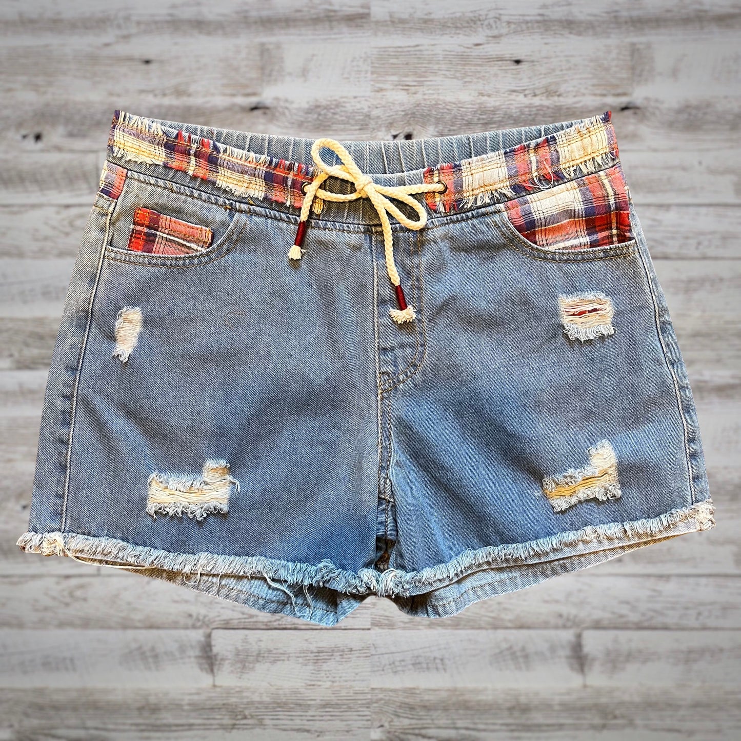 POL Summer Nights Plaid Patch Drawstring Denim Shorts