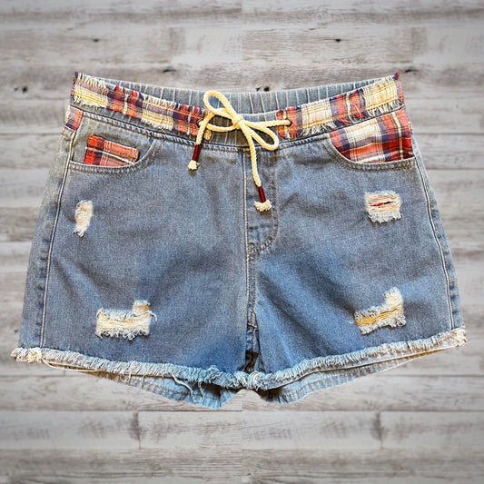 POL Summer Nights Plaid Patch Drawstring Denim Shorts