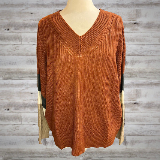 Oversized Burnt Orange V Neck Colorblock Sweater