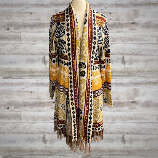 Southwestern Print Long Blanket Cardigan In Beige