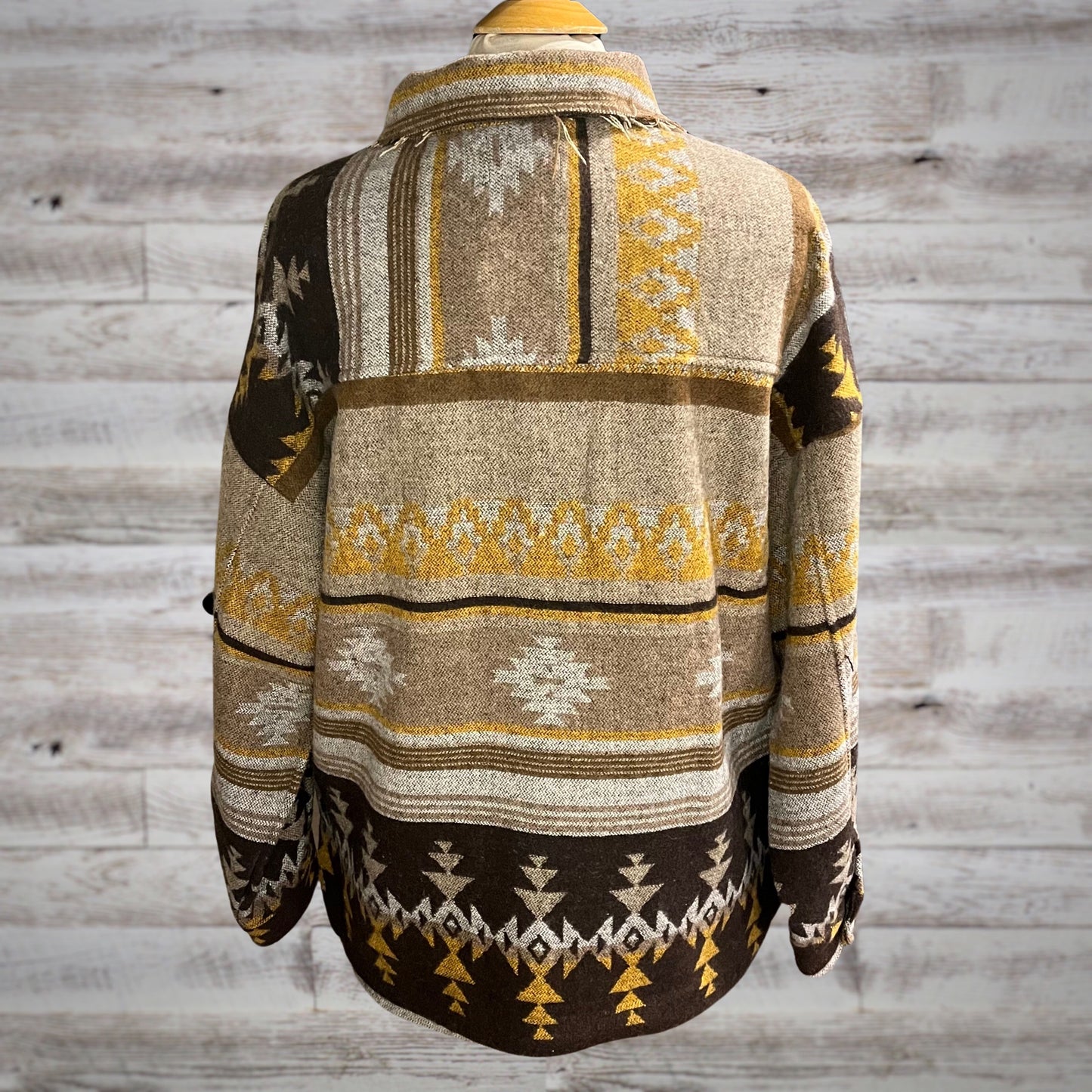 Southwestern Print Fleece Blanket Shacket in Mocha and Mustard