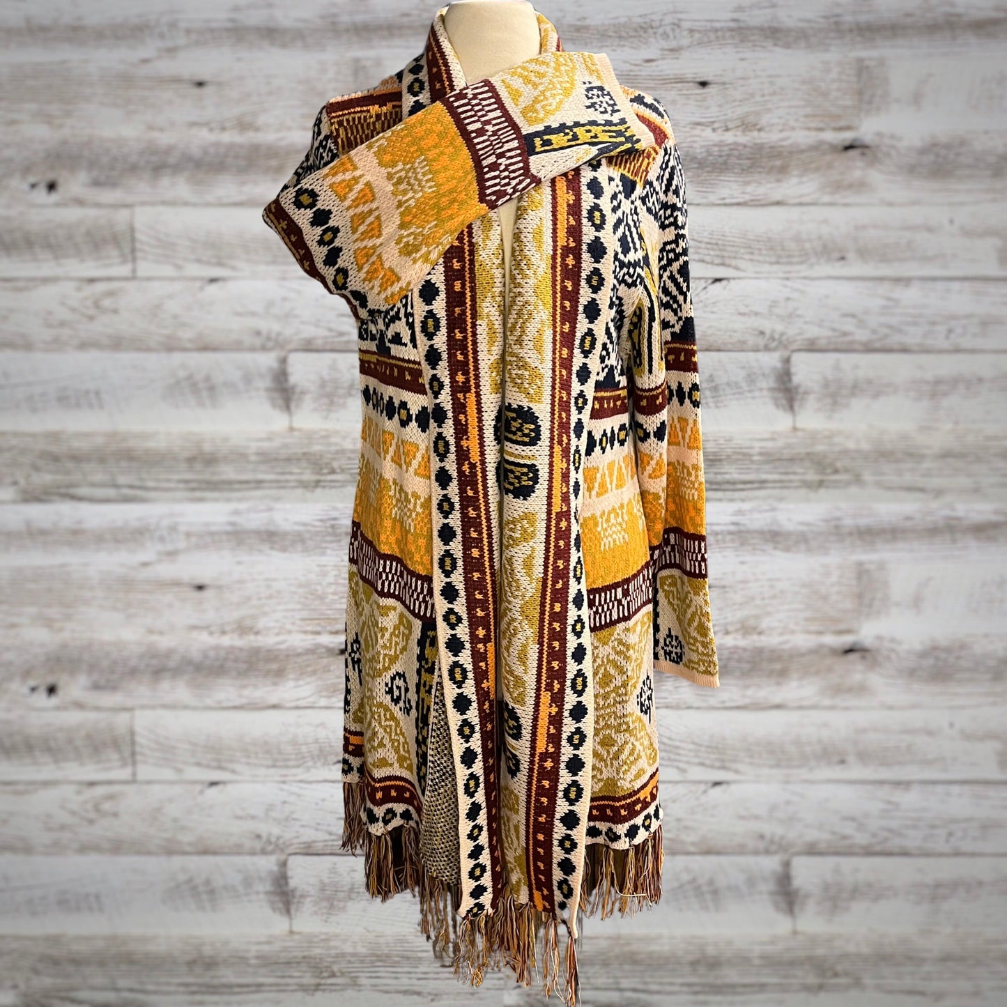 Southwestern Print Long Blanket Cardigan In Beige