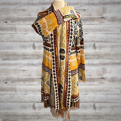 Southwestern Print Long Blanket Cardigan In Beige