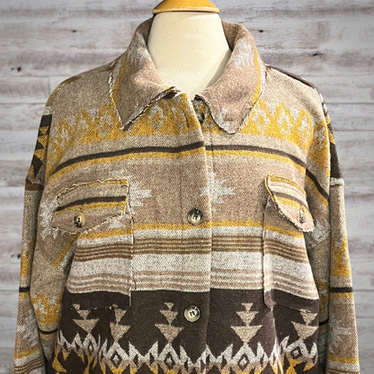 Southwestern Print Fleece Blanket Shacket in Mocha and Mustard