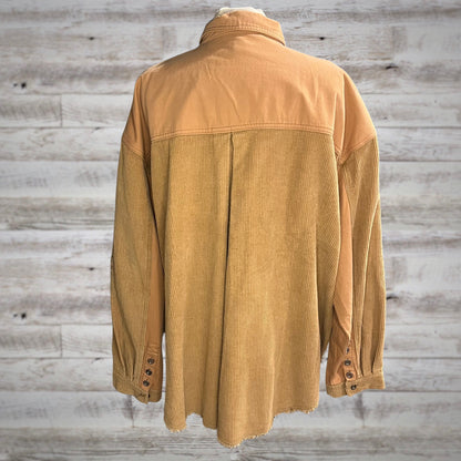 PLUS Corduroy and Twill Distressed Shacket in Camel