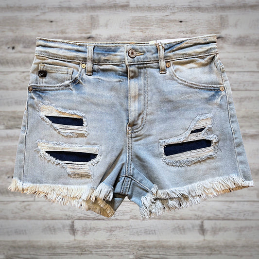 Kancan Distressed Contrast Patch Denim Shorts