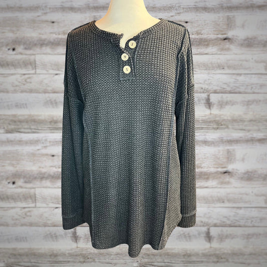 PLUS Waffle Knit Long Sleeve Henley Top in Charcoal