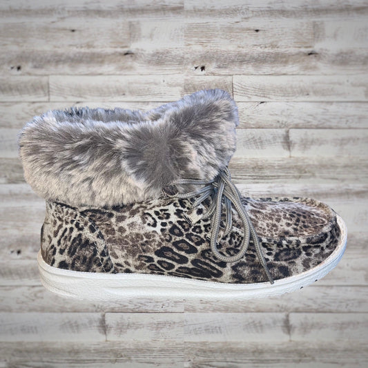 Gypsy Jazz Fur Lined Lace Up Booties in Snow Leopard