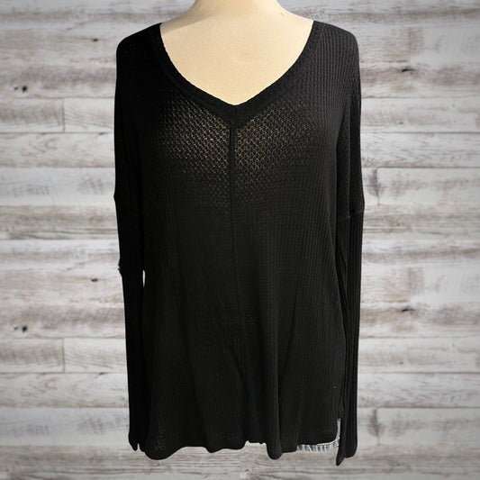 Waffle Knit Long Sleeve Basic Thermal Top in Black