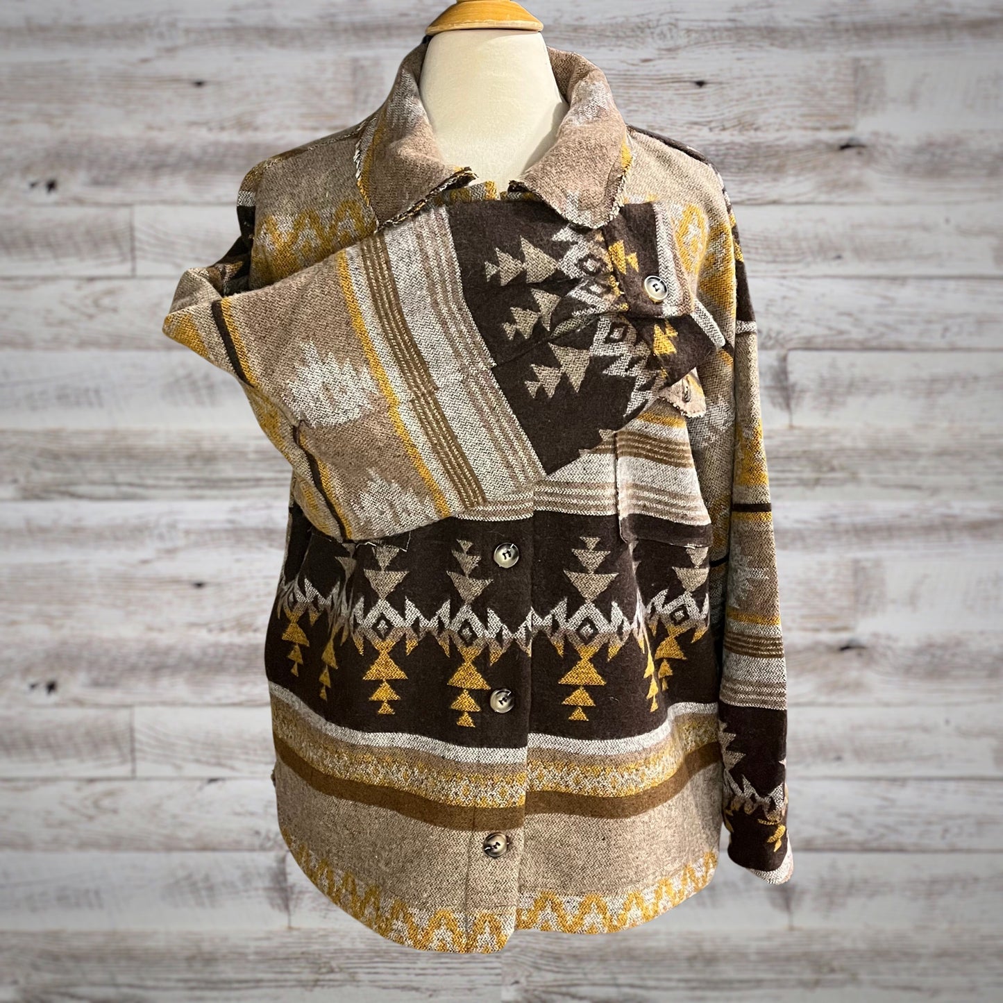 Southwestern Print Fleece Blanket Shacket in Mocha and Mustard