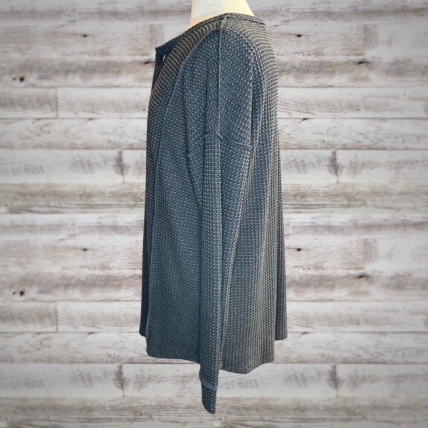 PLUS Waffle Knit Long Sleeve Henley Top in Charcoal