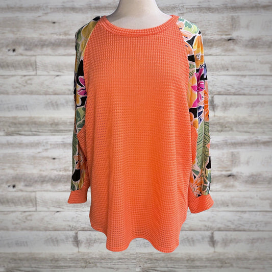 Summer Floral Waffle Knit Dolman Sleeve Top in Neon Coral