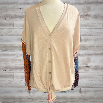 Beige Tie Front Top with Patchwork Long Sleeves