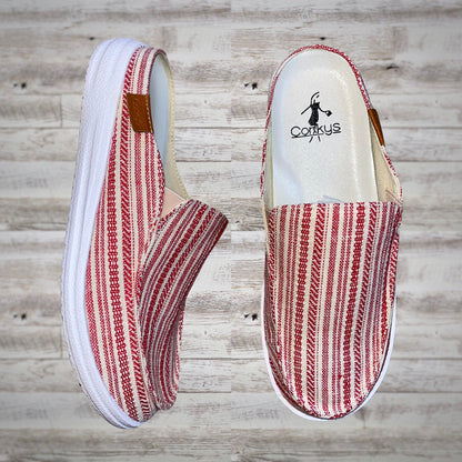 Corky’s Pontoon Red Stripe Canvas Slip On Mule Boat Shoes