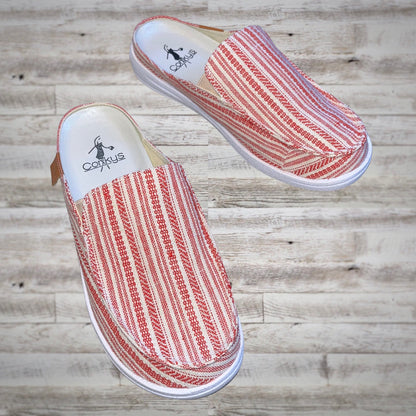 Corky’s Pontoon Red Stripe Canvas Slip On Mule Boat Shoes