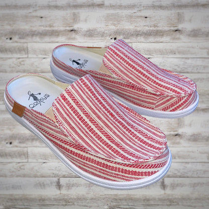 Corky’s Pontoon Red Stripe Canvas Slip On Mule Boat Shoes