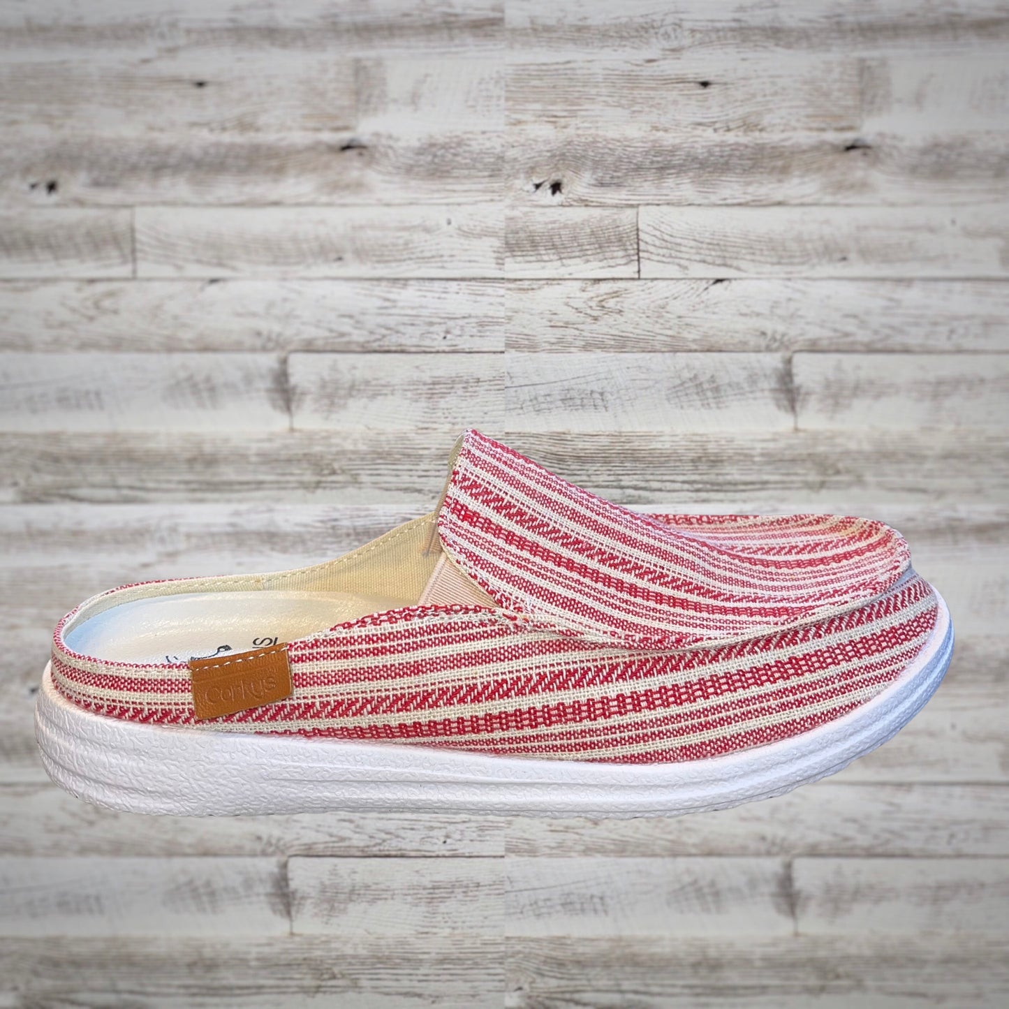 Corky’s Pontoon Red Stripe Canvas Slip On Mule Boat Shoes