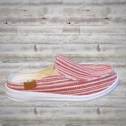 Corky’s Pontoon Red Stripe Canvas Slip On Mule Boat Shoes