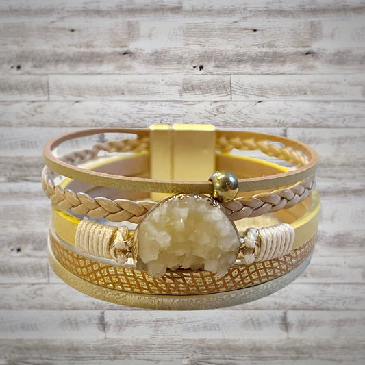 Druzy and Leather Natural Gold Wrap Bracelet with Magnetic Close