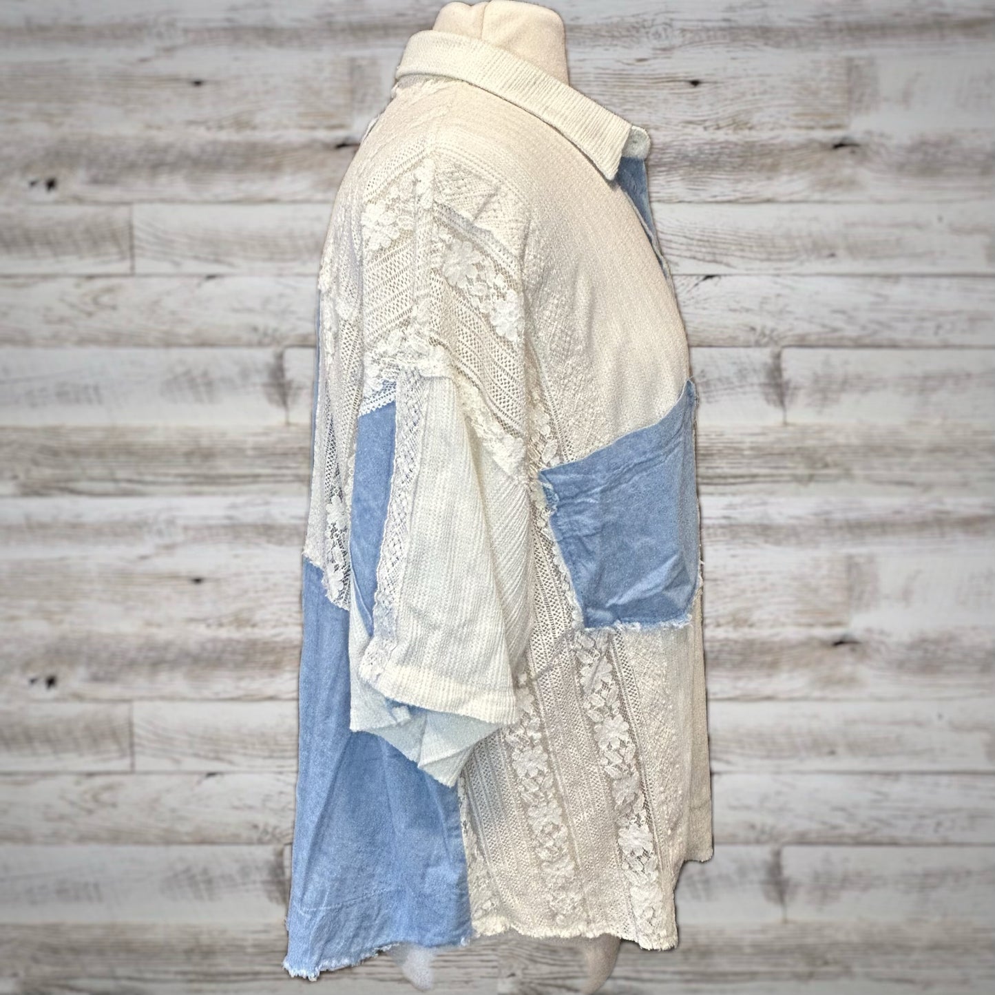 POL Ivory Lace and Chambray Boxy Button Up Top